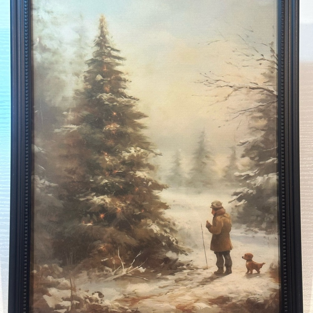 winter boy standing christmas tree dog snow holiday framed art print 8x10